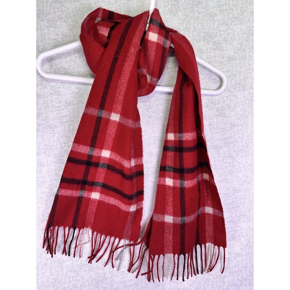Charter Club Red Black White Plaid 100% Cashmere Fringed Scarf 64”x10”